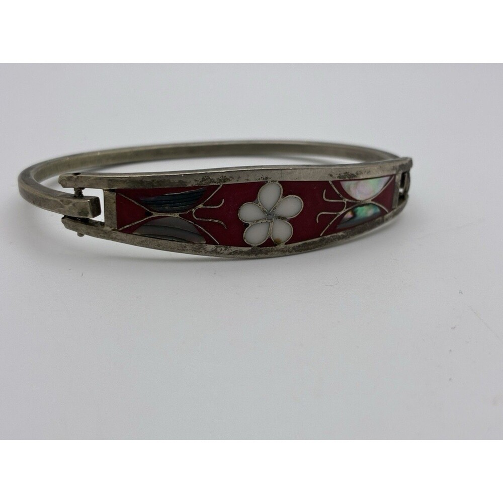 Taxco Mexico Alpaca Red Abalone Flower & Butterflies Bangle Bracelet VTG 6.75”